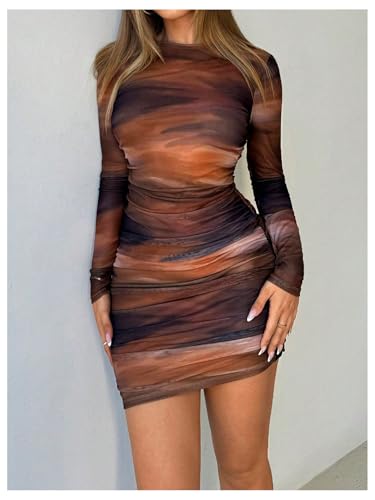 Image of Milumia Women's Tie Dye Ruched Round Neck Long Sleeve Dress Bodycon Mini Dresses