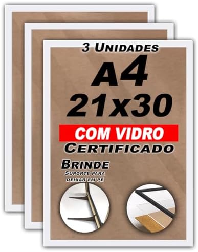 Kit 3 Molduras A4 21X30cm Com Vidro Para Quadros Retratos Certifi...
