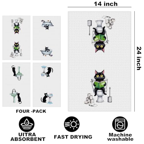 Image of Hanamiya Na 4 Pcs Funny Cat Hand Towel for Bathroom 24x14 Inch, Funny Absorbent Microfiber Dish Cloth Towel, Waffle Weave Hand Towels for Toilet Home Cats Bathroom Decor, Cat Lover Gifts