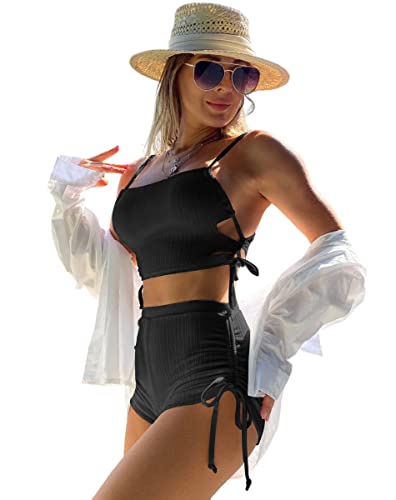 Floerns Traje de baño de 2 piezas con cordones para mujer, Negro Sólido, Medium Cover