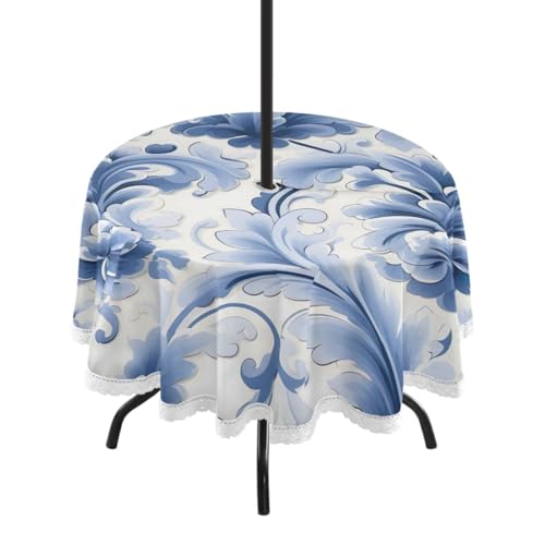 Wajiw 60 Inch Indoor Outdoor Round Tablecloth with Umbrella Hole and Zipper Waterproof Patio Table Cover for Camping Dining Room Party Outdoor Picnic,Blue Flower