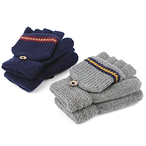 F Flammi Kids Winter Knitted Mitten Gloves Convertible Fingerless Gloves with Cover for Teen Boys Girls Aged 5-10, 2 Pairs2