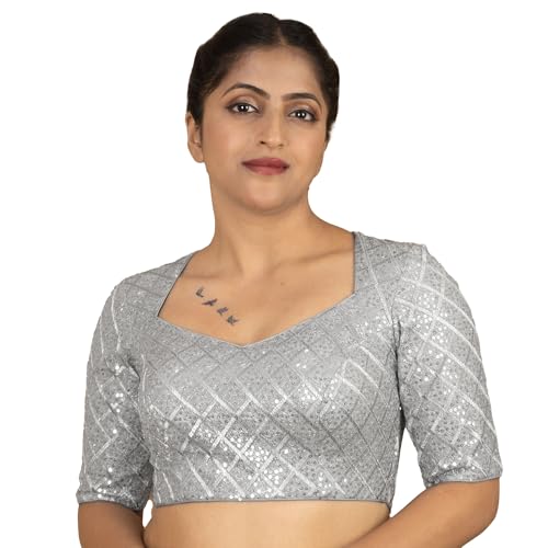 FIGURE'S DESIGNER Women's Sequin Embroidered Square V Neck Elbow Half Sleeve Readymade Saree Blouse Indian Ethnic Designer Stitched Padded Handmade Net Top Gold Silver Black Wine Rani Pink(40, Silver)