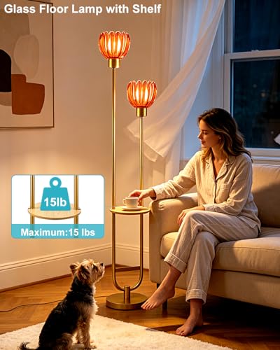 Image of Lightdot Glass Floor Lamp with Table 2-Lights Modern Gold Standing Tall Lamps with Pomegranate Red Lotus Glass Shade,LED Floor Lamp with Foot Switch for Living Room Bedroom Office (Bulbs Included)