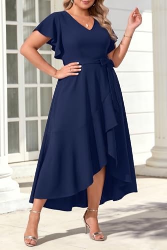 Image of Women Plus Size Wedding Guest Dress - Formal Cocktail Split Ruffle V Neck High Low Party Long Maxi Dresses