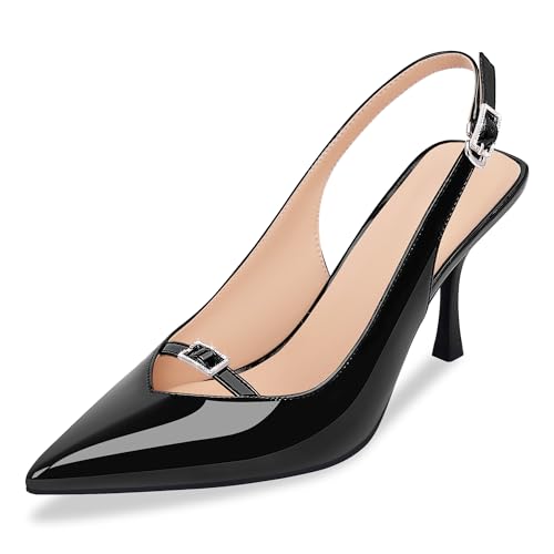 High Heel Pointed Toe Slingbacks Pump Rhinestone Buckle Patent Leather Dress Shoes