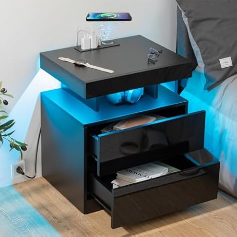 HOMMPA LED Nightstand with Wireless Charging Station & USB Ports High Gloss Bedside Table with LED Light RGB Adjustable Brightness Smart Nightstand 2 Drawers Night Stand for Bedroom Black Cover