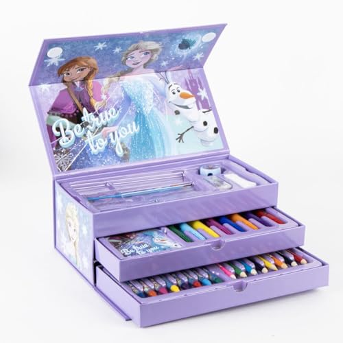 Pasta de pintura Frozen com mais de 60 peças, estojo organizador com lápis, canetas de marca, aguarelas, lápis de cera e acessórios criativos: caixa de desenho Frozen ideal como presente infantil