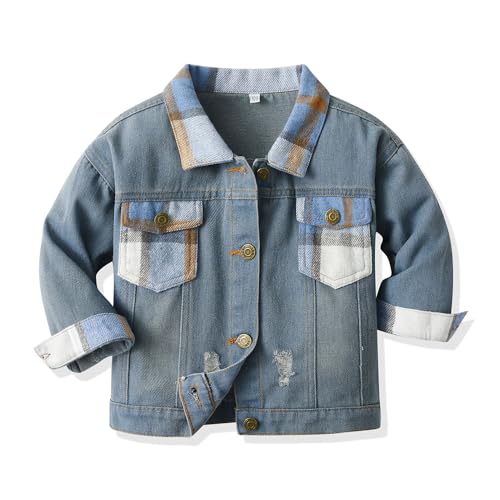 Image of Feidoog Baby Boys Plaid Denim Jacket Toddler Button Down Long Sleeve Lightweight Coat Outerwear