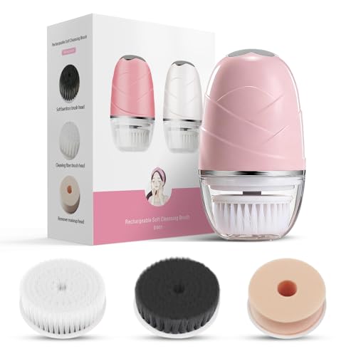 DOCOCO Mini cepillo de limpieza facial, limpiador facial eléctrico, exfoliante giratorio impermeable con 3 cabezales de cepillo, cepillo de lavado facial portátil para viajes, fácil de transportar