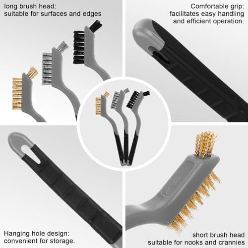 Image of Reallnaive 50 Pcs Mini Wire Brush Set 7 Inch Stainless Steel Brass Nylon Bristles Small Wire Brushes for Rust Removal Paint Scrubbing Deep Cleaning(Brass /Stainless Steel /Nylon,Gray,Black,Brown)