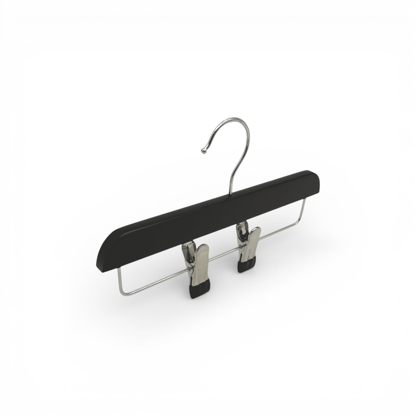 100x Kids Wooden Trouser & Skirt Clip Hangers 25cm – Adjustable Chrome Clips, Black, 360° Swivel Hook, Space-Saving Clothes Hangers for Children & Lingerie