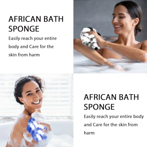 Image of UJFQBH 3 Pieces African Net Sponge Authentic, Nylon Bath Scrubber Exfoliating Body Scrubber, Dries Quickly, and Gradually Transforms Rough Skin into Smooth Black, Blue, Purple