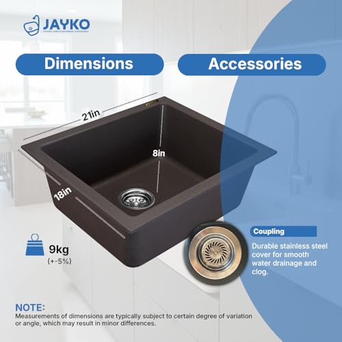 Image of JAYKO Quartz Acrylic Kitchen Sink for Modular Kitchen | Granite Finish, Scratch & Heat Resistant | Easy to Clean & Stylish Sink for Home (CO, 21x18in)