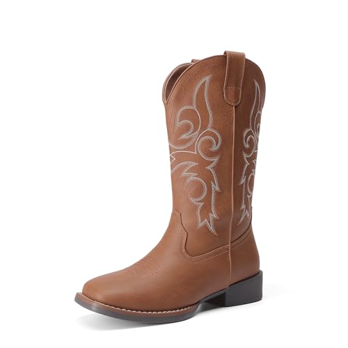 DREAM PAIRS Women's Cowboy Cowgirl Boots Embroidered Square Toe Mid Calf Western Boots Fashion Dress Chunky Low Heel Shoes for Theme Party Country Concert 7 Tan