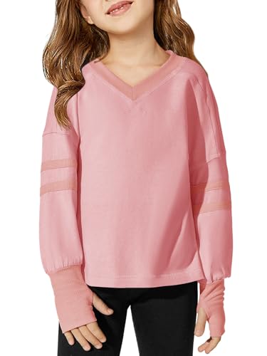 Image of Haloumoning Girls Sweatshirt Casual Long Sleeve V Neck Cute Tops Kids Oversized Tshirts with Thumbholes 4-14Y Pink, 5-6 Years