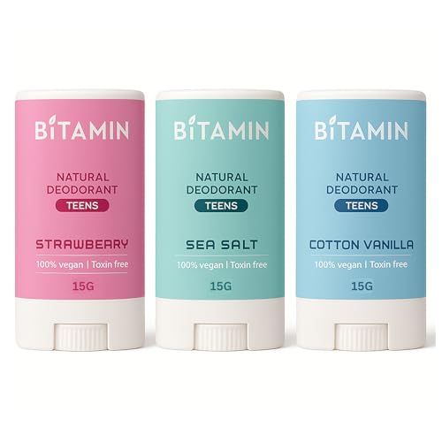 Image of Bitamin Natural Deodorant for Kids & Teens | With added 3% Vitamin C & E | No Aluminium, No Alcohol, No parabens, No Triclosan Unisex Deo (15g, Pack of 3, Cottton Vanilla+Strawberry+Sea Salt)