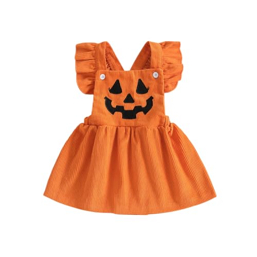 YINGISFITM Toddler Baby Girl Halloween Outfits Fly Sleeve Pumpkin Face Dress Corduroy Kids Dresses Girls Clothing (Pumpkin Face 18-24 Months)