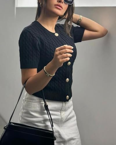 Image of Women Cable Knit Short Sleeved Sweater Cardigan Casual Button Up Soft Solid Sweater Shirt