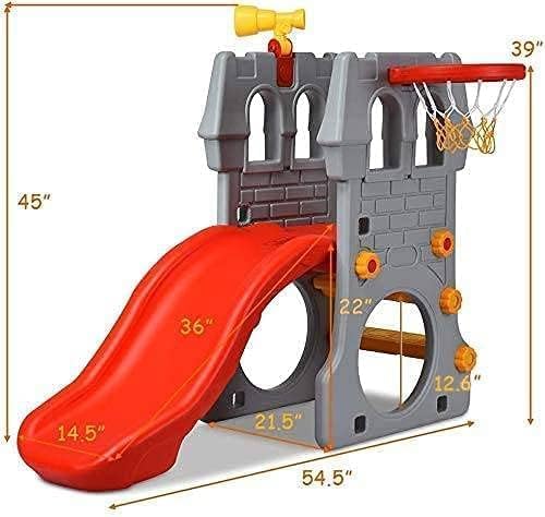 Miniatura 6 de Fireflowery - Tobogán infantil de plástico, 5 en 1, con aro de baloncesto, telescopio, escaleras, gatear por el espacio, para niños pequeños, para
