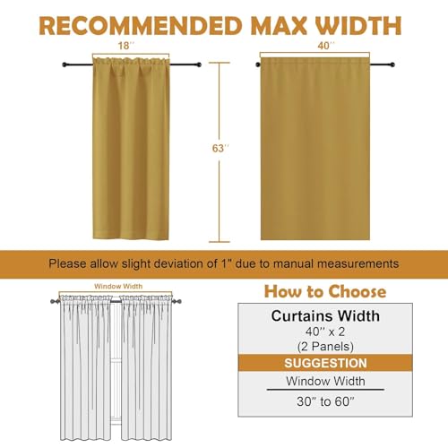 Image of Aiyufeng Bright Gold Blackout Curtains for Bedroom 63 Inch Length 2 Panels, Solid Thermal Insulated Energy Saving Rod Pocket Window Treatment Curtains Blackout Drapes, W40 x L63 Inch,Bright Gold