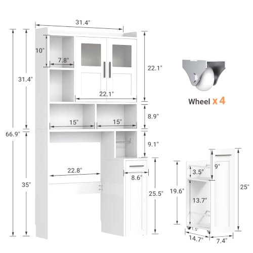 ELYKEN-Over-The-Toilet-Storage-Cabinet-with-Glass-Doors-Pulley-White-Pull-Out-Cabinet-Toilet-Paper-Holder-Side-Hooks-Adjustable-Shelf-Anti-Tipping-Space-Saving-Bathroom-Storage-Cabinet