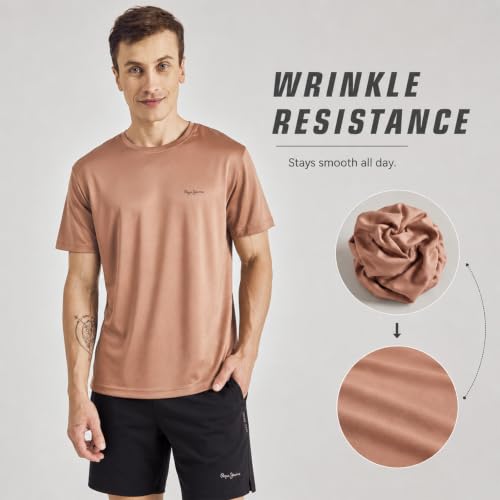 Image of Pepe Jeans Men's Solid Polyester Regular Fit T-Shirt | Lightweight Quick-Dry Athleisure Tee for Sports, Gym & Casual Wear | Moisture-Wicking Fabric | Round Neck | Short Sleeves | Active Comfort