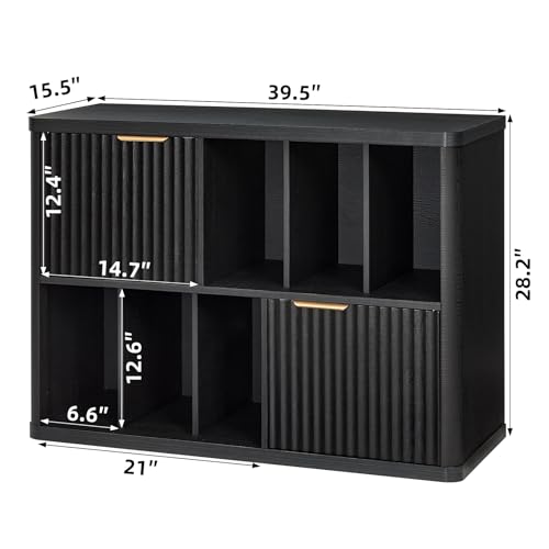 Image of LEYAOYAO Large Record Player Stand with Vinyl Storage Up to 450 Albums, Wood Fluted Boho Record Storage Accent Cabinet, Modern Stereo Media Cabinets, Wide Turntable Stand for Living Room, Black Oak