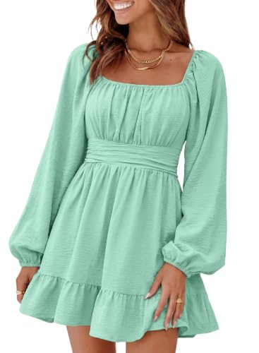 Image of Dokotoo Womens Dress Lantern Sleeve Elastic Waist Tie Backless Mini Dress | Square Neck,Off Shoulder,Flowy,Ruffle A-Line,Casual,Mini Dress,Beach Vacation Clothes,Fall Outifits,Wedding Guest,Boho