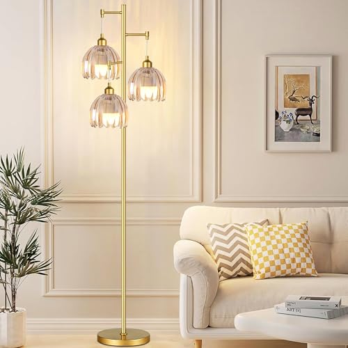 Image of Gold Floor Lamps for Living Room Vintage Floor Lamp with Glass Lmapshape & Three Led Bulb,Green Floor Lamp Brass Mid Century Modern Standing Lamp Tall Tree Flower Floor Lamps for Bedroom,Office,Corner