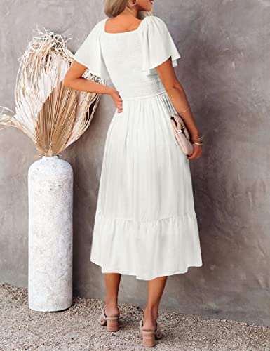Merokeety Womens Summer Flutter Short Sleeve Smocked Midi Dress Flowy Tiered A-Line Beach Dress, White, M #TOP3