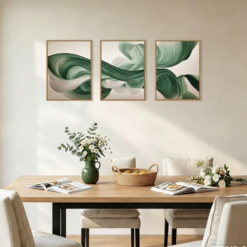 Image of KAIRNE Green Abstract Framed Canvas Wall Art Set,Minimalist Green Lines Wall Decor,Modern Flowing Texture Art Prints,Neutral Smokes Waves Artwork for Living Room,Bedroom,Farmhouse,Office-12 x16 x3