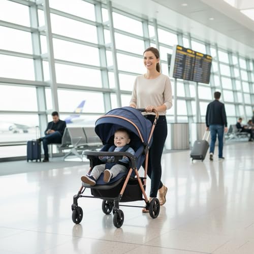 Image of Safe-O-Kid Breez Baby Rubber Wheel Stroller /Pram with 1 Year Warranty (Model - 2024) for New Born /Toddler /Kid for 0 to 3 Years Travel Friendly, 5 Point Safety Harness - Blue