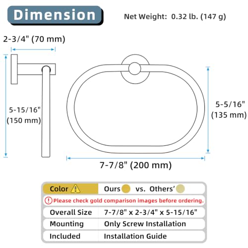 Image of Angle Simple Brushed Dark Gold Towel Ring, SUS 304 Stainless Steel Swivel Deep Gold Tone Hand Towel Holder for Bathroom Wall Mount
