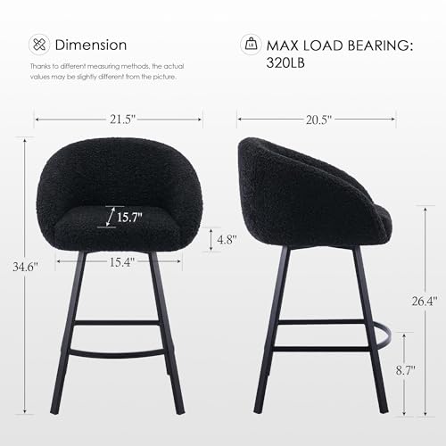 Image of Zesthouse Swivel Counter Height Stools Set of 2, Modern Bar Stools for Kitchen Island, 26'' Black Sherpa Kitchen Counter Height Chairs with Barrel Arms & Backs, Upholstered Fabric Bar Chairs