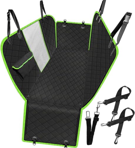 Capa Protetora para Banco Traseiro de Carro, Preta com Verde, Material Oxford 600D, Impermeável, com Rede de Malha e Zíper, para Cães e Gatos