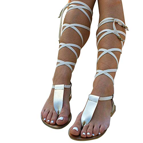 Imagen de Sandalias Romanas Mujer Zapatos Sandalias Mujer Gladiador Romano Zapatos de Verano Sandalias con Tiras Rodilla Botas Altas Peep Toe Zapatos con Cordones Elegantes Sandalias de Tiempo Libre Verano
