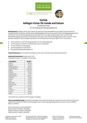 Sanct Bernhard tierlieb Kollagen-Pulver | Für Hunde & Katzen | Geprüftes, biologisch aktives Kollagen-Hydrolysat | 400g