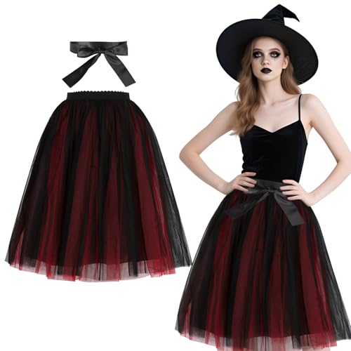 Tüllrock Damen Halloween Rock Tüll mit Schleifenband,4 Lagen Tulle Skirt 65CM Elastisch Midirock,Halloween Kostüm Damen Tüll Rock für Cosplay Karneval Gothic Retro Ballett Rockabilly(Schwarz Rot)