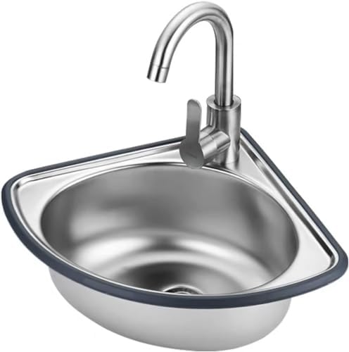Corner Stainless Steel Sink - Wall-Mounted Laundry/Utility Sink with Drainer & Faucet, 34x34cm, Depth 13cm, Perfect for Bathroom, Garage, Restaurant, and Kitchen Use.