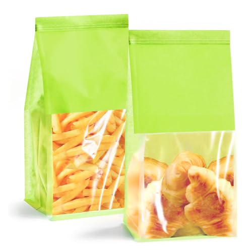 50-Pack Reusable Bakery Bags - Windowed Kraft Paper Bags with Seal & Tin Tie Tab Lock - Upright Cookie, Bread & Pastry Packaging (Green)