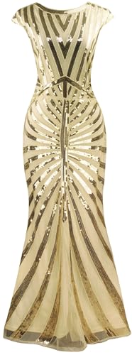 Image of Women Evening Maxi Long Dress 1920s Sequin Mermaid Hem Wedding Prom Gown Costume w / 20s Gatsby Accessories Set