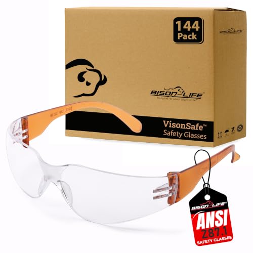 Image of BISON LIFE Clear /Orange Safety Glasses for Men & Women, ANSI Z87.1,144 Pack
