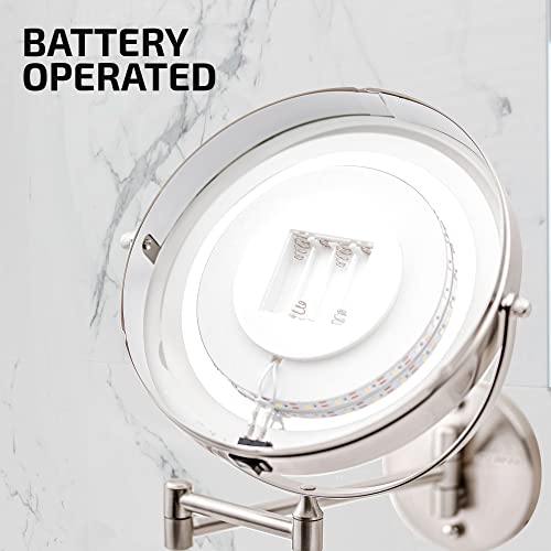 Image of OVENTE Wall Mounted Lighted Makeup Mirror, 9 inch Double Sided 1X /7X Magnifying Vanity Mirror for Bathroom with LED Lights, Cordless, 360 Rotation and 13 inch Extendable Arm, Nickel Brushed MFW85BR1X7X