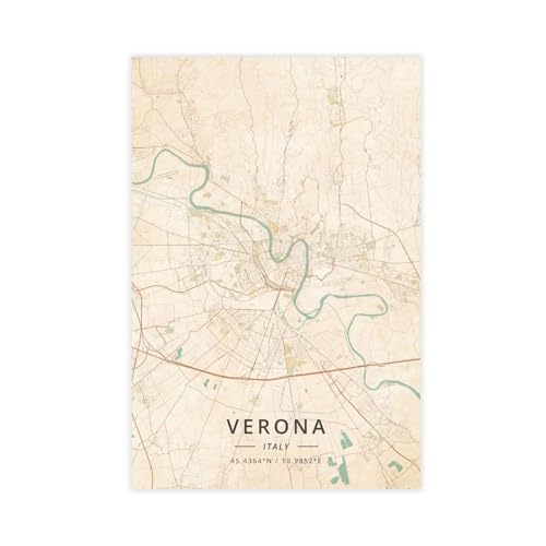 Stampa artistica da parete con mappe della città di Verona, Italia, vintage, per soggiorno, camera da letto, senza cornice: 40 x 60 cm