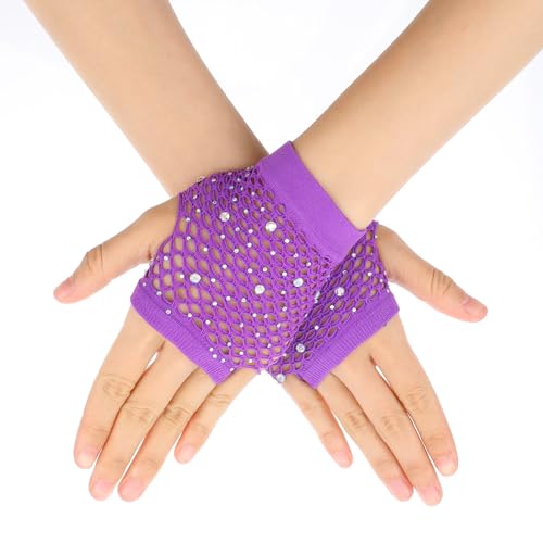 Lusofie Fingerless Gloves Kids Women Short Neon Fishnet Gloves Fingerless with Rhinestone for 80s 90s Halloween Party(Purple)