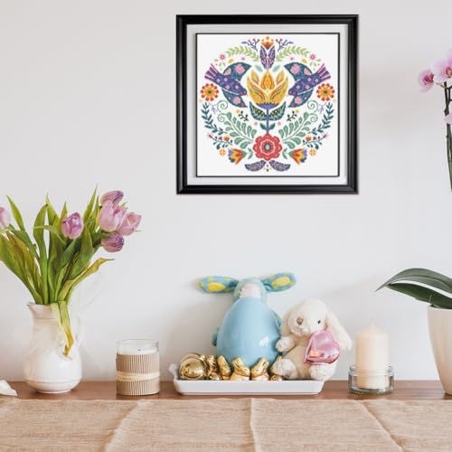 Image of FREEBLOSS 11CT Stamped Cross Stitch Kits Scandinavian Folk Art Cross Stitch Ornament Kits with Instructions Embroidery Needlepoint Kit for Wall Hanging Home Decor 17.7x17.7inch