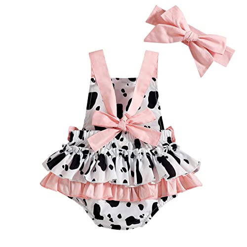 IDOPIP Baby Girls Cow Print Romper Summer Sleeveless Jumpsuit Ruffle Backless Sunsuit Dress with Headband Cow Birthday Outfit2