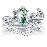 Wasee Natural Moss Agate Ring Set 925 Sterling Silver Green Pear Moss Agate Engagement Ring Wedding Promise Ring Jewelry for Women,Size 7