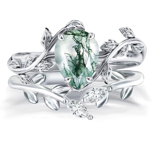 Wasee Natural Moss Agate Ring Set 925 Sterling Silver Green Pear Moss Agate Engagement Ring Wedding Promise Ring Jewelry for Women,Size 9